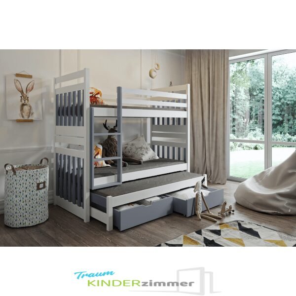 Etagenbett für 3 Personen mit Bettkasten Santi Weiss-Grau