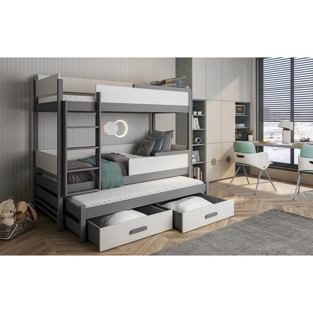 Etagenbett für 3 Personen mit Bettkasten Quattro Grau-Weiß