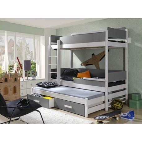 Etagenbett für 3 Personen mit Bettkasten Quattro Weiß-Grau