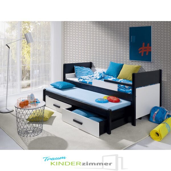 kinderbett-fuer-2-personen-mit-absturzsicherung-und-bettkasten-danilo-schwartz-weiss-min Danilo Vollholz Kinderbett für 2 Personen mit Absturzsicherung und Bettkasten