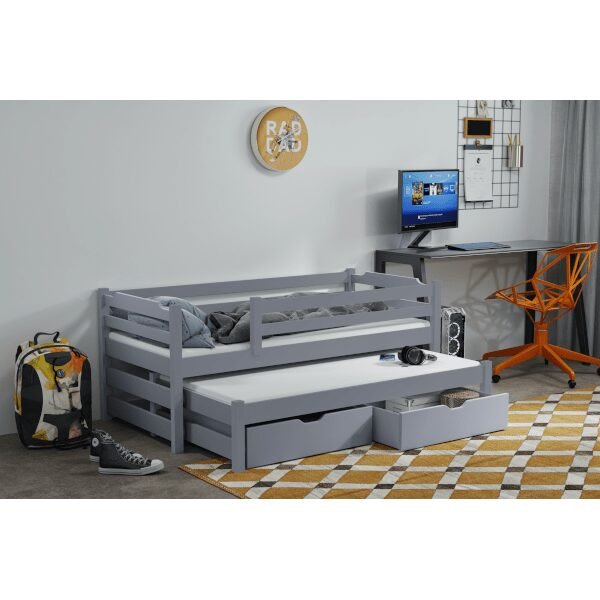 kinderbett-fuer-2-personen-mit-absturzsicherung-und-bettkasten-mandy-grau-akryl-min Mandy Vollholz Kinderbett für 2 Personen mit Absturzsicherung und Bettkasten Grau