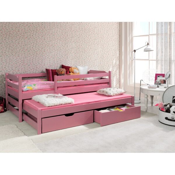 kinderbett-fuer-2-personen-mit-absturzsicherung-und-bettkasten-mandy-rosa-akryl-min Mandy Vollholz Kinderbett für 2 Personen mit Absturzsicherung und Bettkasten Rosa