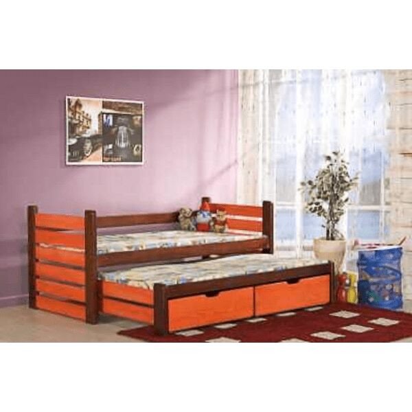 Matteo Vollholz Kinderbett für 2 Personen mit Absturzsicherung und Bettkasten Birnenbaum-Oramge