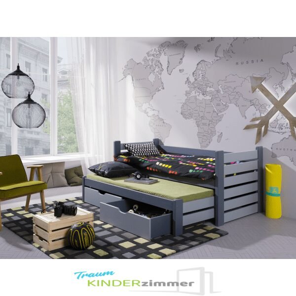 Matteo Vollholz Kinderbett für 2 Personen mit Absturzsicherung und Bettkasten Graphit-Grau