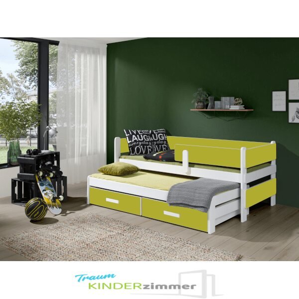 Solano Vollholz Kinderbett für 2 Personen mit Absturzsicherung und Bettkasten